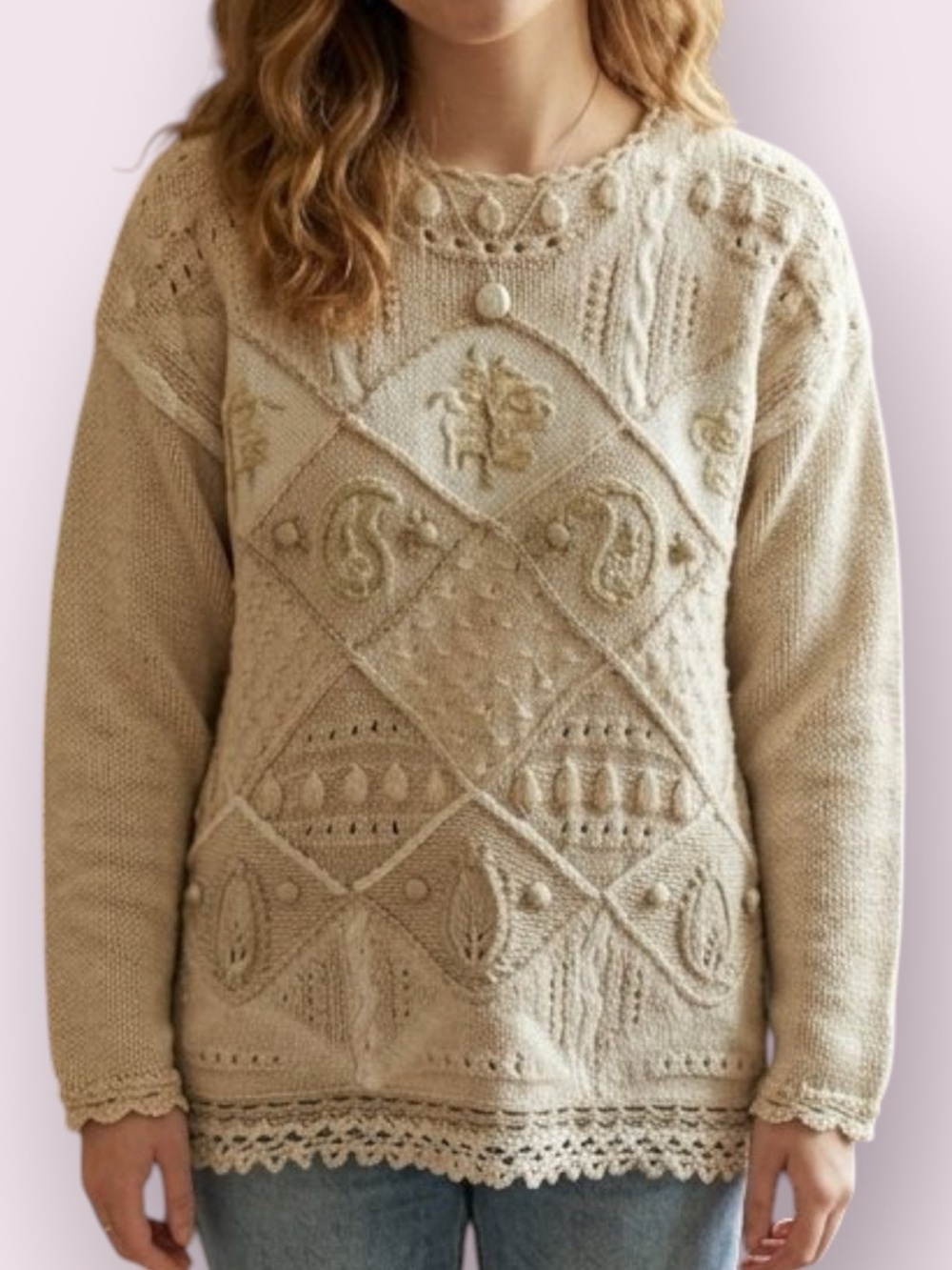 Vintage 90s Chunky Mixed Stitch Neutral Sweater Tiara International Size Large